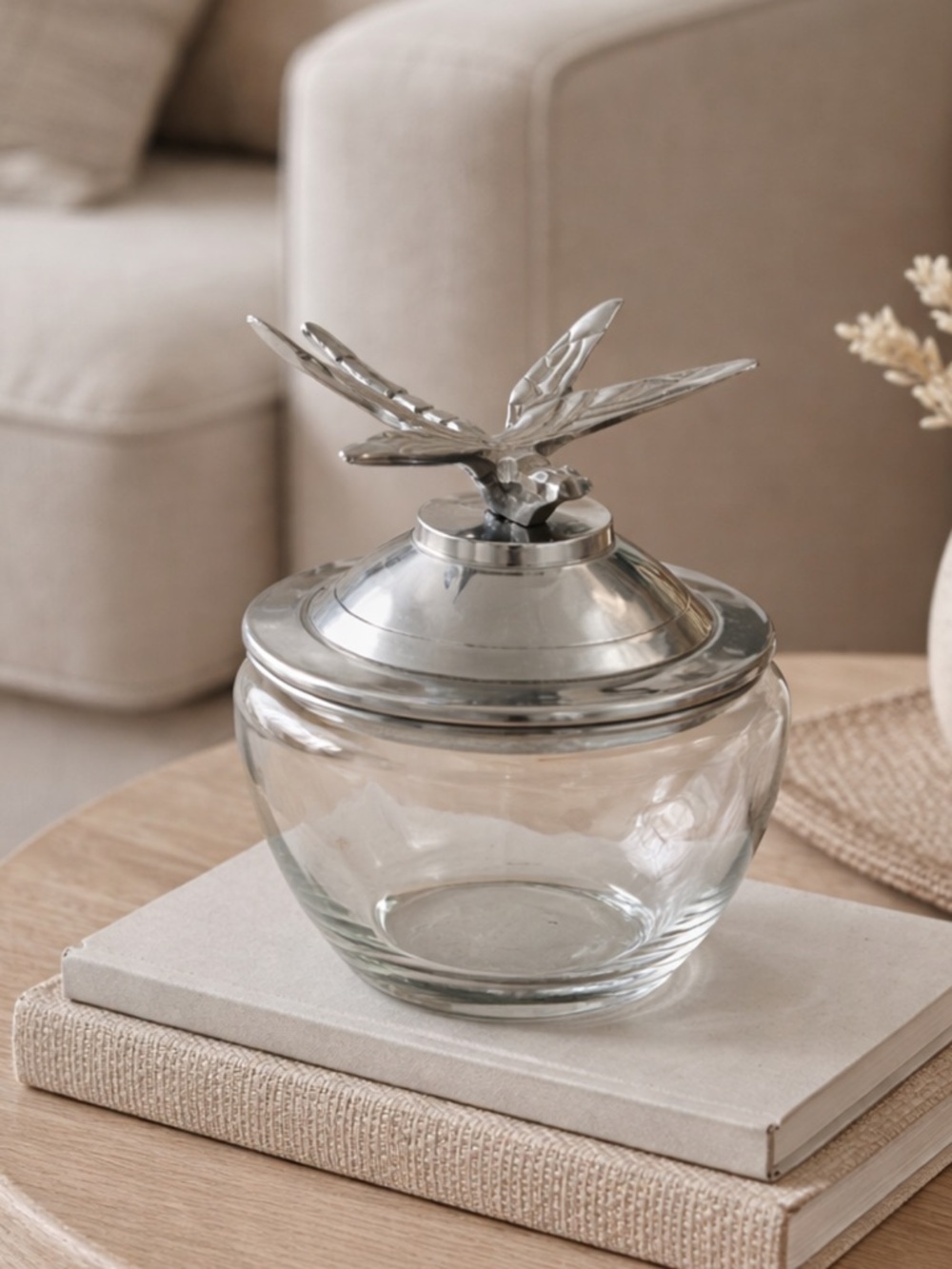 Dragonfly Glass Candy Jar with Silver-Tone Metal Lid. Timeless | Elegant 6x5